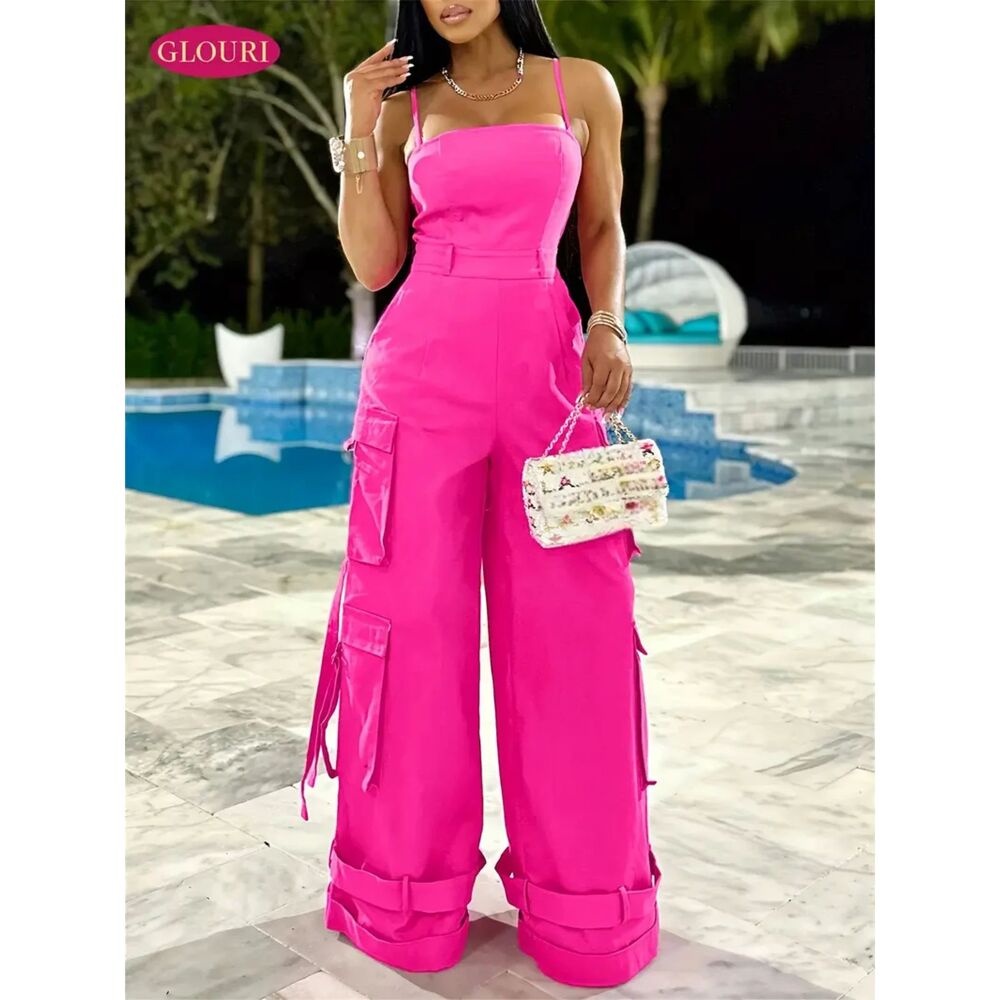 NWT- Wide-Leg Cargo Jumpsuit HOT Pink Romper Multi-Pockets Size XS/SM